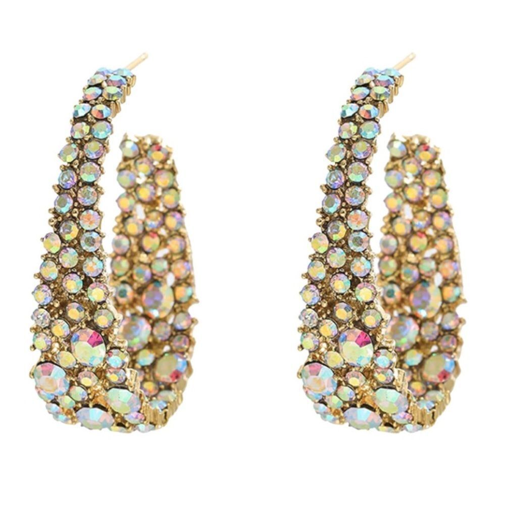 18k Yellow Gold and 925 Sterling Silver with Iridescent AB Crystal Hoop Earrings